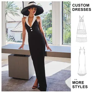 Custom High Quality Hepburn White Collar Neck V-neck Black Dress Sexy Party Ladies Dress Elegant Bandage Casual Dress