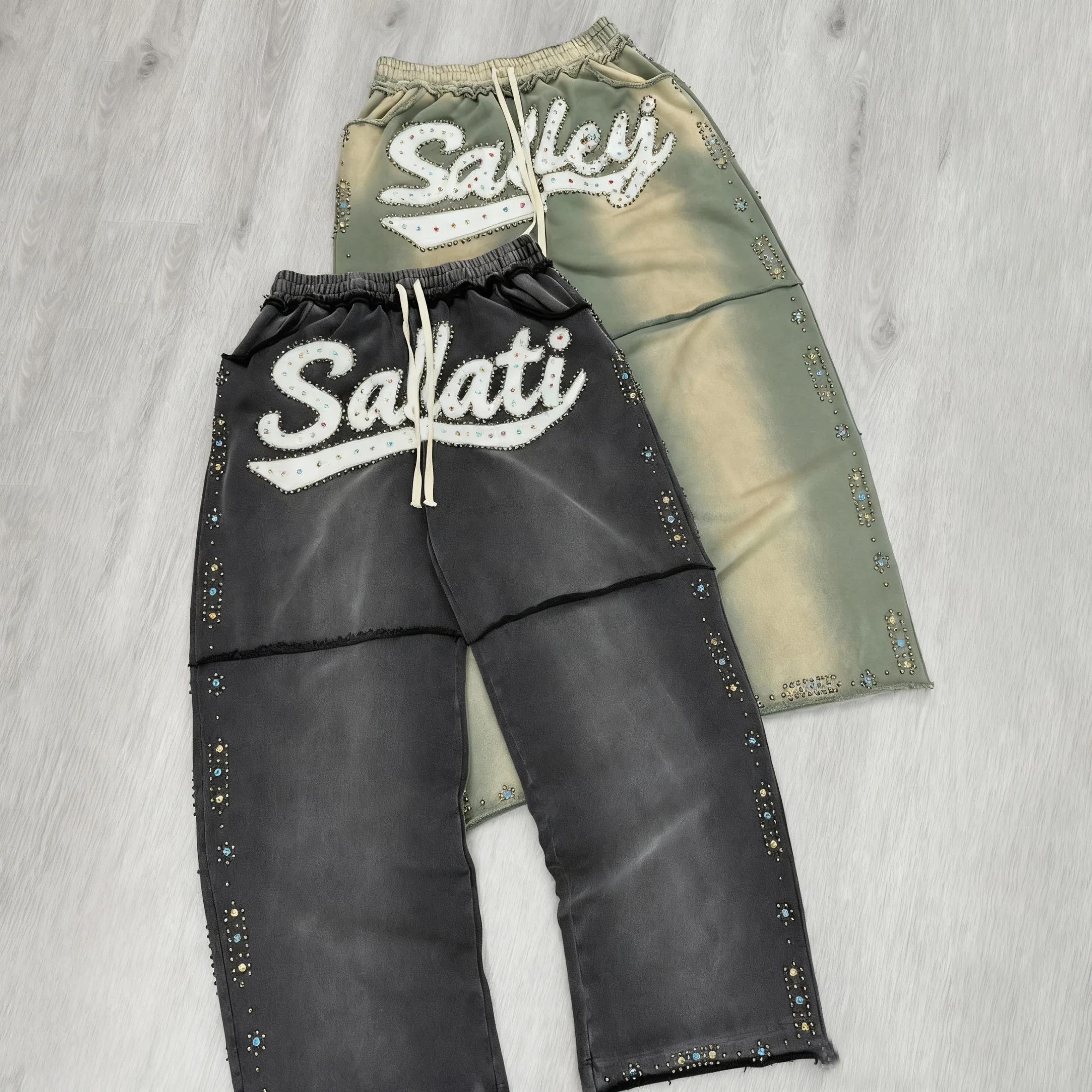 SALATI Manufacturer Custom Streetwear Rhinestone Heavy French Terry Cotton Distressed Wide Leg Casual Baggy Sweatpants for Men