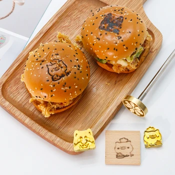Hot Stamped Metal Mould Handle Set Burnt Copper Seal for Home Use-Wood Skin Brass for Bread Burger Beef Cake Logo Brand Stamp