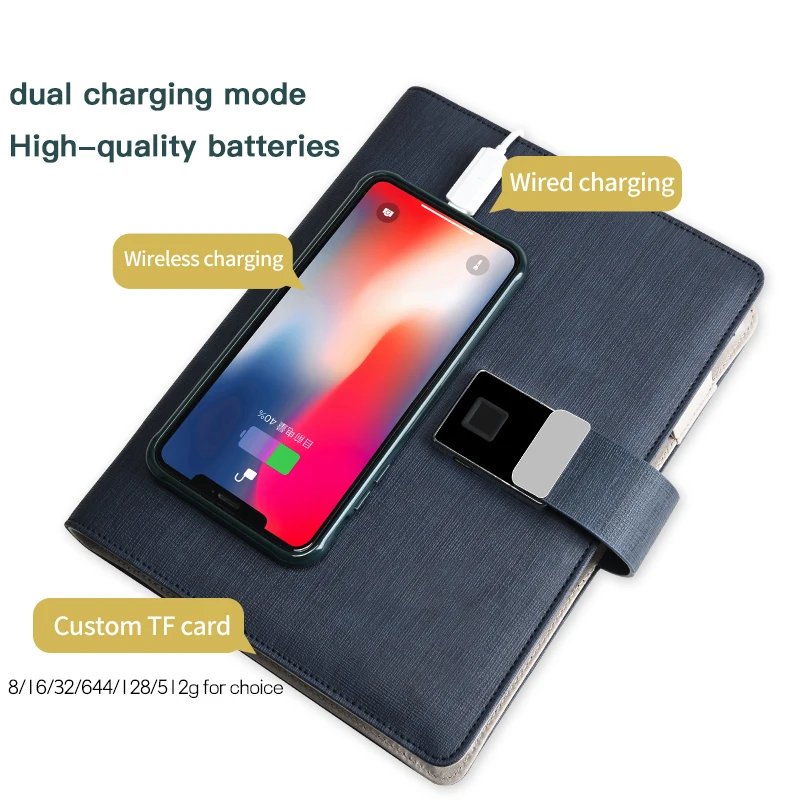 Customized OEM Fingerprint Unlock Diary 7 Inch MP4 LCD Screen Smart Notebook Leather Smart Notebook with Powerbank