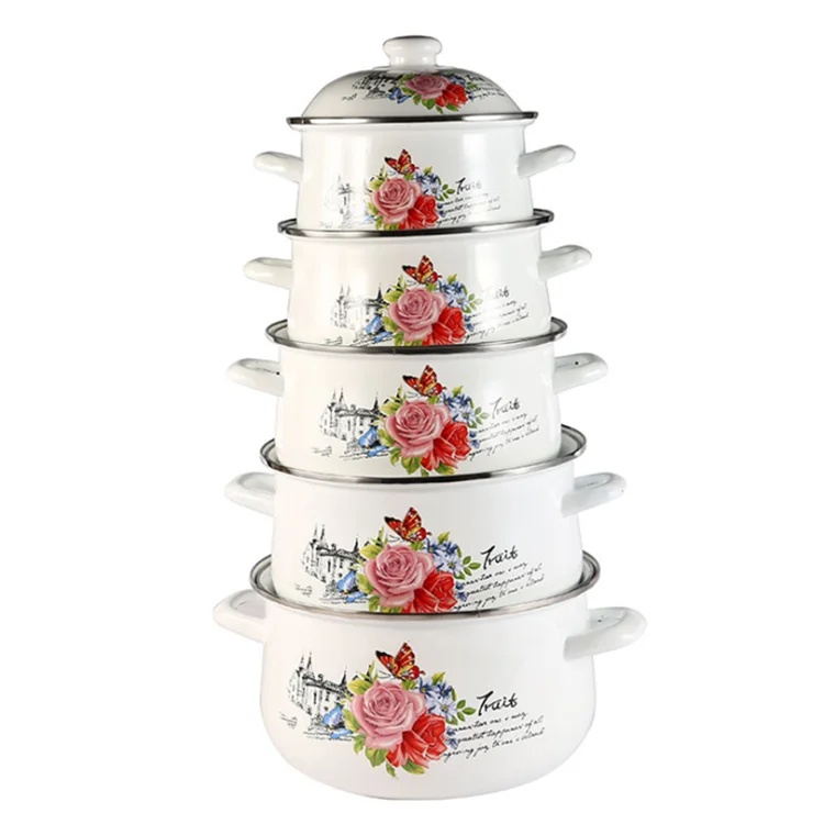 5pc Rose Design Enamel Casserole Cooking Set