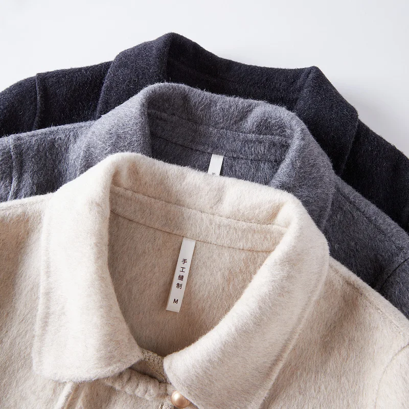 Women's Vintage Double Sided Wool Coat High End Fall Winter Casual Long Coat with Small Lapels Nylon Lining Sheep Fur Decoration