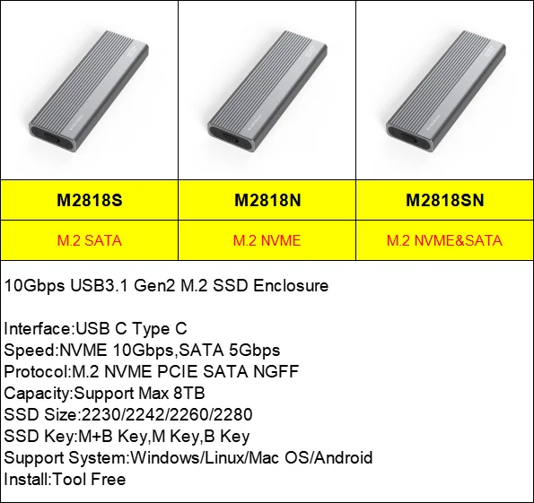 M.2 SATA 2TB (2280サイズ) Aluminum M2 Case 2280 2260 2242 2230 Dual Protocol SSD Enclosure