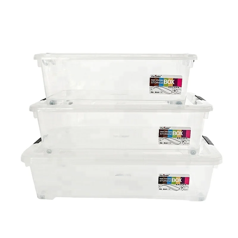 Plastic Stackable Bed Bottom Box 25L 33L 50L Clear Clothes Storage Box Toy Storage Box With Wheels