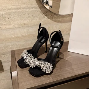 Pointed Toe  Height Increasing Femme Stiletto Black Heels 10cm New Design Elegant Sexy Pink for Ladies Lace-Up High-heeled Shoes