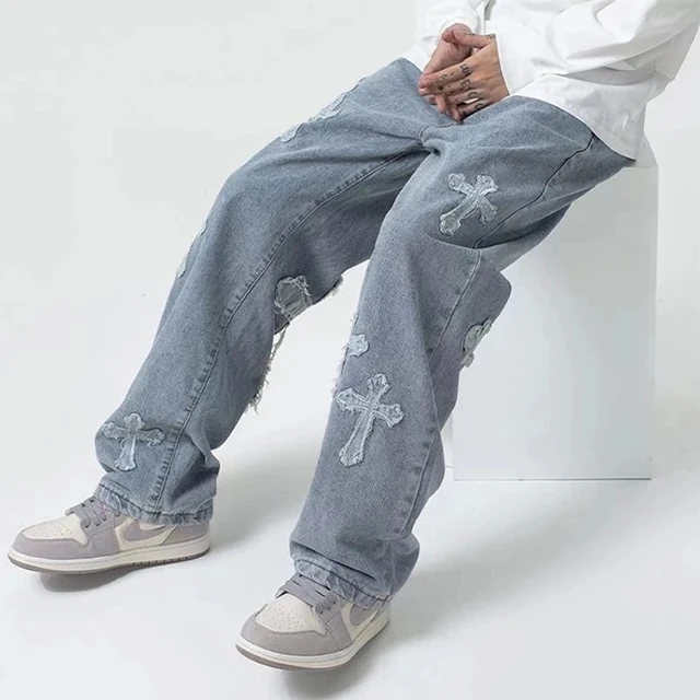 Crazy Maker customized Hip Hop Boyfriend Jeans Embroidered Loose Wide Leg Denim Pants Men's High Street Jeans