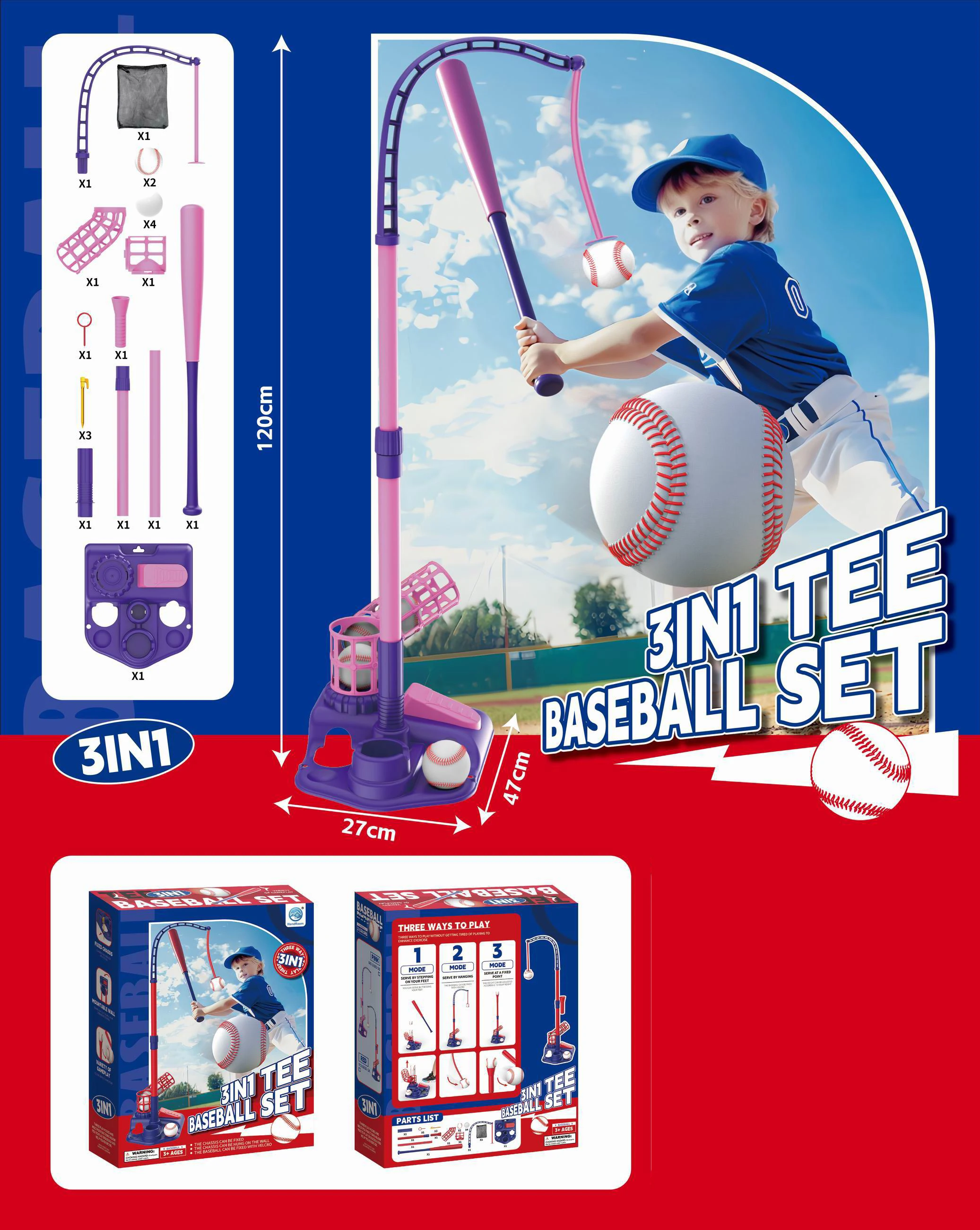 Tee Ball Set 3-en-1 | Batte Rétractable, Lanceur Automatique Et 4 Balles | Cadeau Enfant 3-6 Ans | Intérieur/extérieur