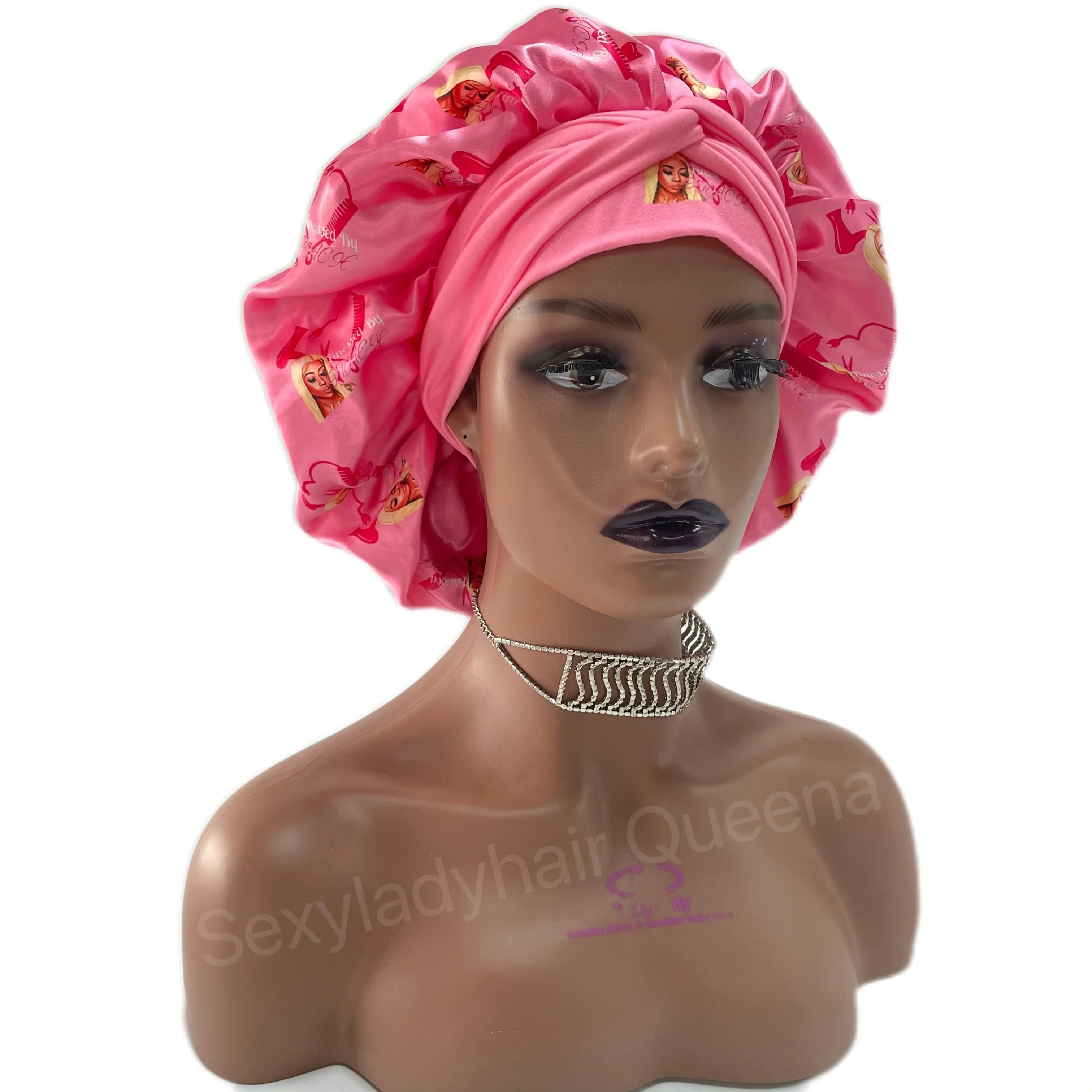 Custom Own Brand Designer Bonnet With  Stretch Tie Band Satin Head Wrap Long Braid Hair Bonnets