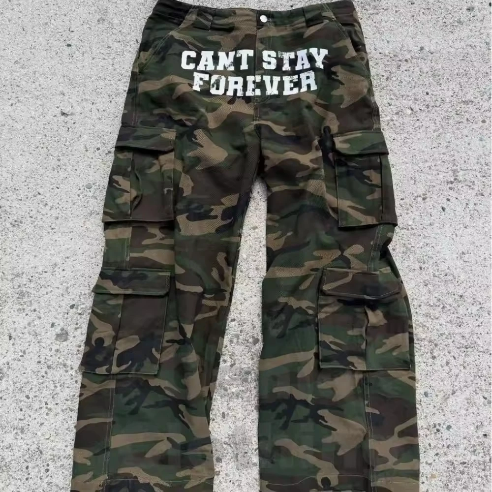 Custom Full Dtg Camo Print Cargo Pants Canvas 6 Pocket Cargo Pants Men Wide Straight Leg Oversized Baggy Vintage Washed Trousers