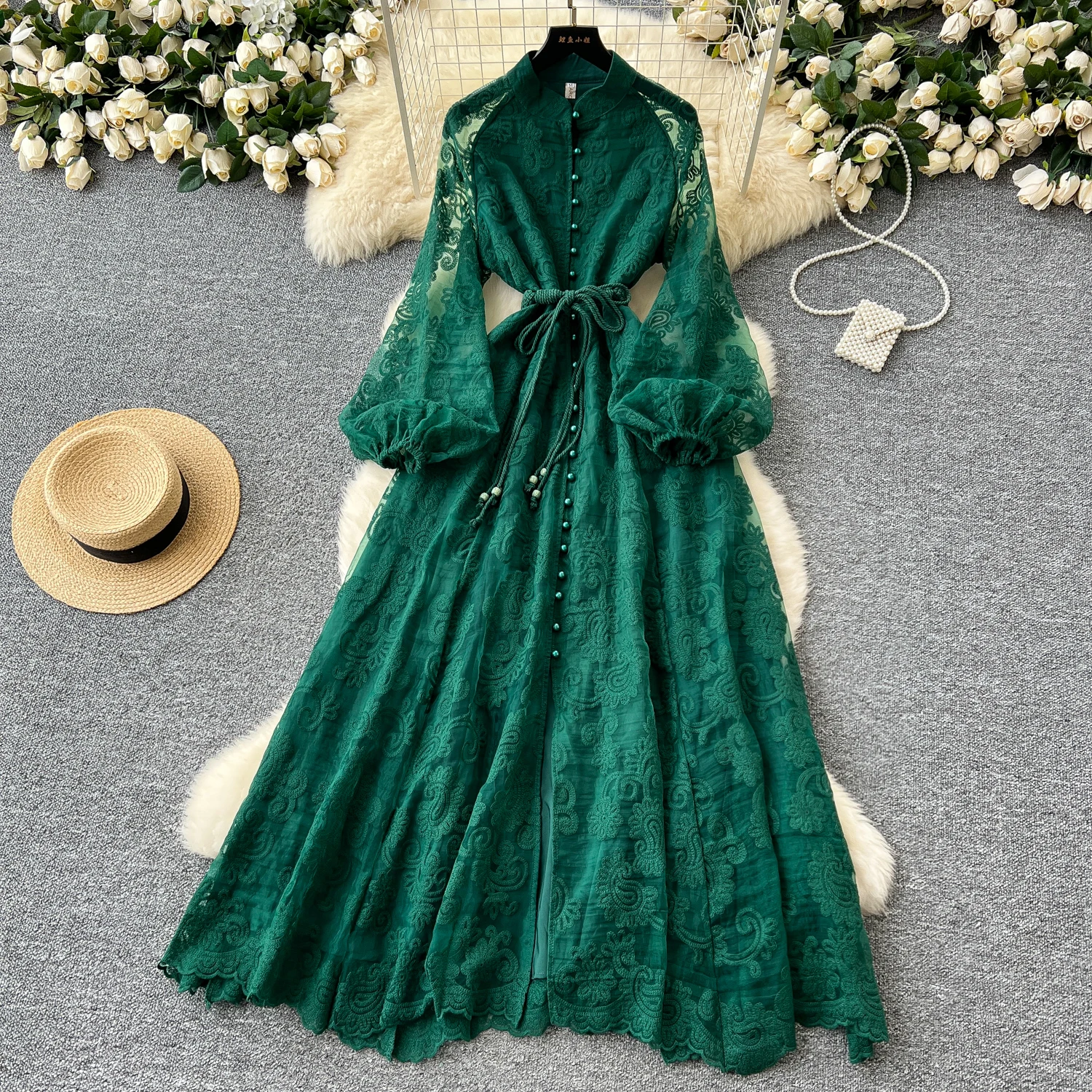 Lw1052 Elegant Stand-up Collar Heavy Work Embroidery Lantern Sleeve Lace-up Waist Swing Long Dress Luxury Women's Elegant Dress Lw1052 Elegant Stand-up Collar Heavy Work Embroidery Lantern Sleeve Lace-up Waist Swing Long Dress Luxury Women's Elegant Dress