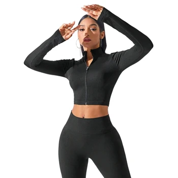 Custom Women's Hoodie Zip Up Long Sleeve Short Jackets Yoga Basic Seamless Sports Jackets