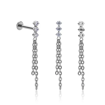 G23 Titanium  Internally Threaded  Zircon with chain Stud Cartilage Ear Piercings Body Jewelry For Women Men