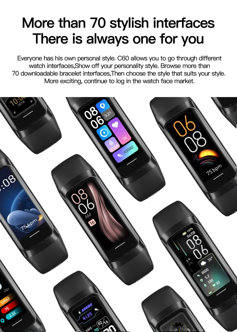 Cheap AMOLED Smart Bracelet C60 Heart Rate Blood Pressure Oxygen Body Temperature Call Message Reminder C60 Smart Band