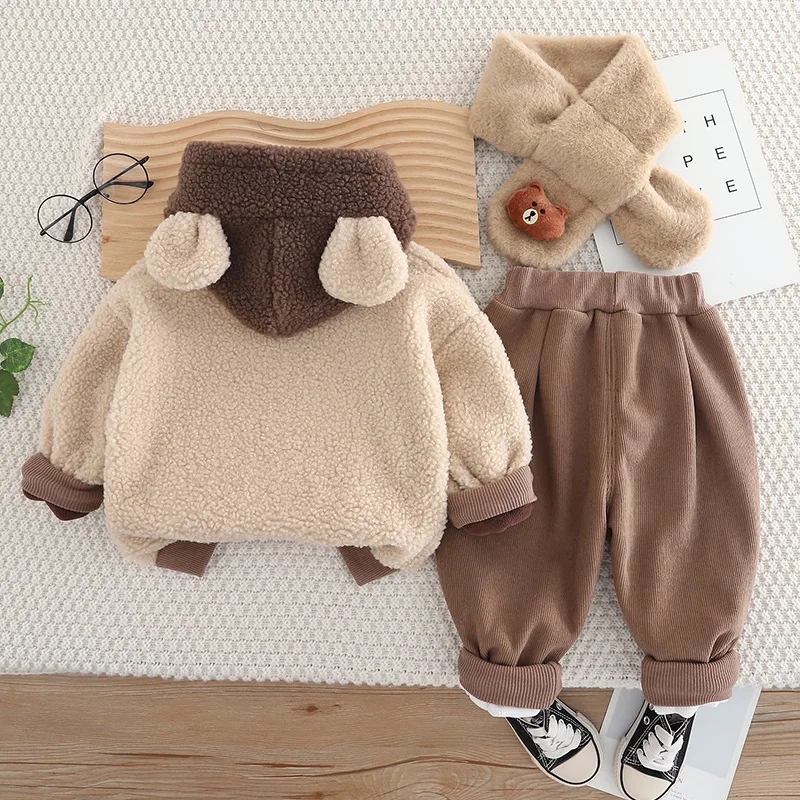 2025 Winter New Boys Fleece Scarf Hooded Long Sleeve Set Baby Warm Pants Two-Piece Clothing for Newborns
