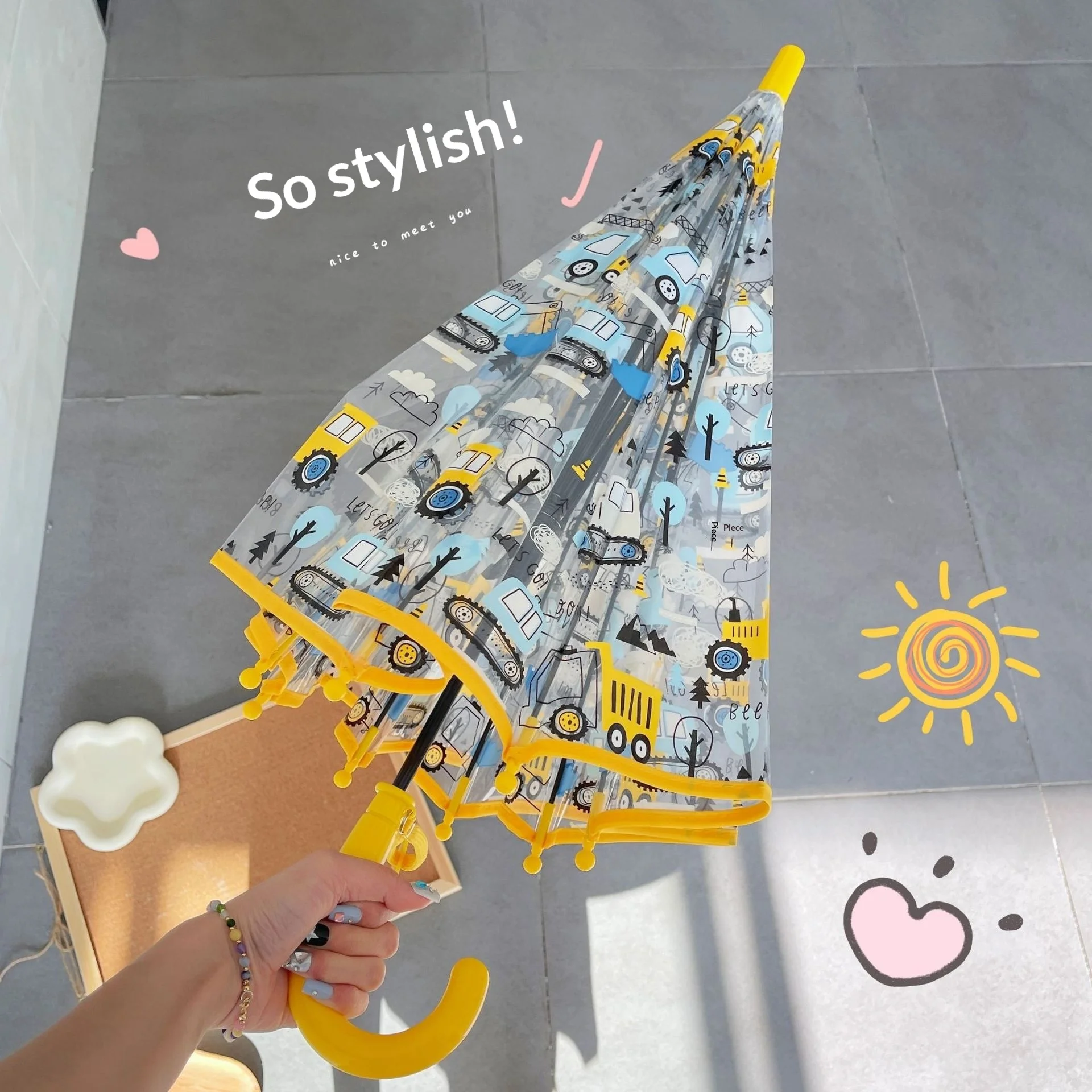Engineering Vehicle Girls' Kindergarten Primary School Students Children's Umbrella Cute Thickening Semi-Automatic Long Umbrella
