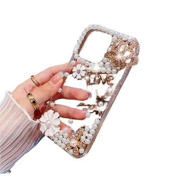 Luxury Rhine Stone Diamond Phone Case for iPhone 17 16 15 Pro Max Bling Pearl Phone Cover Crown Love Case for iPhone 14 13 12