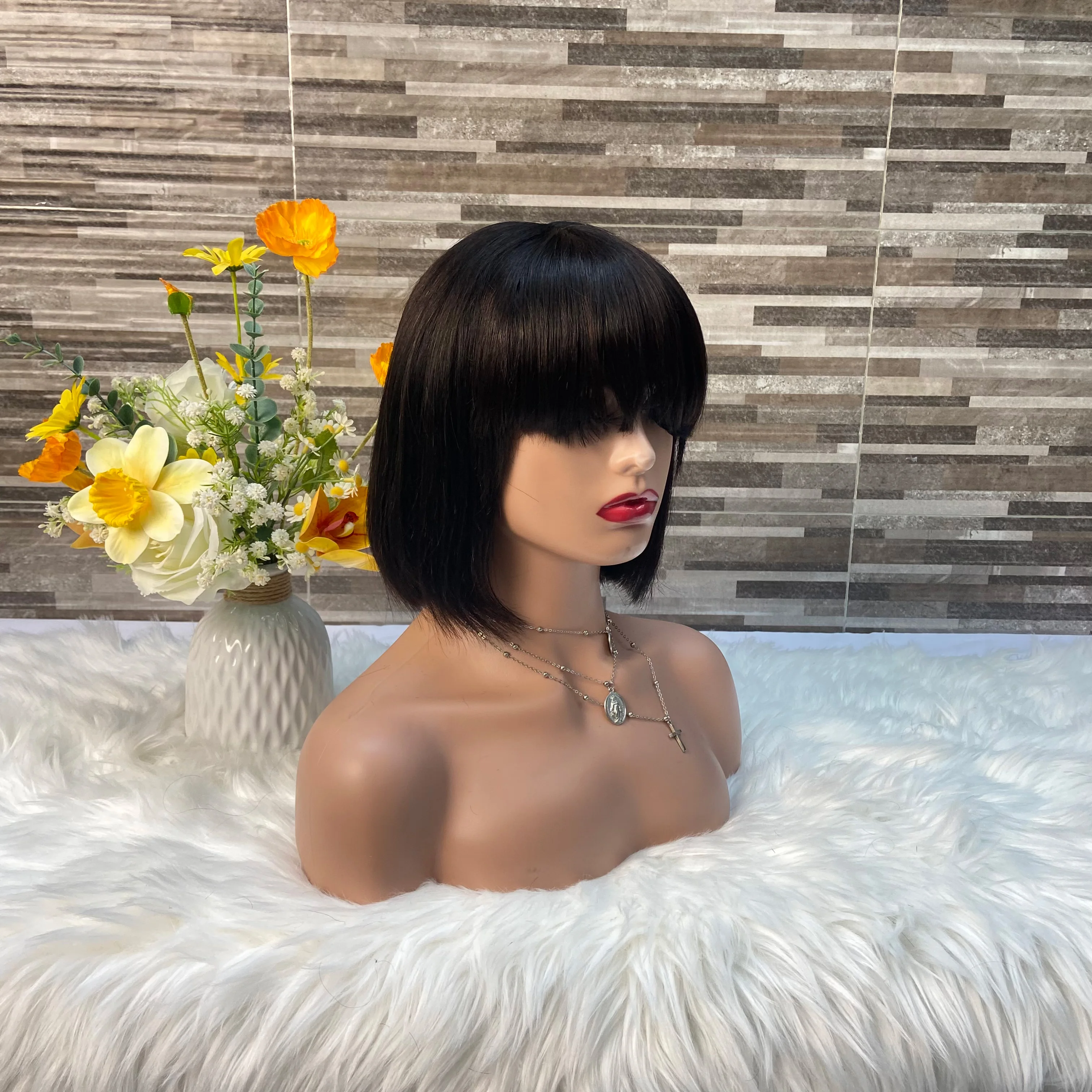 Human Hair Wig Remy Short Straight Bob with Bangs 10-12inch  display picture 1