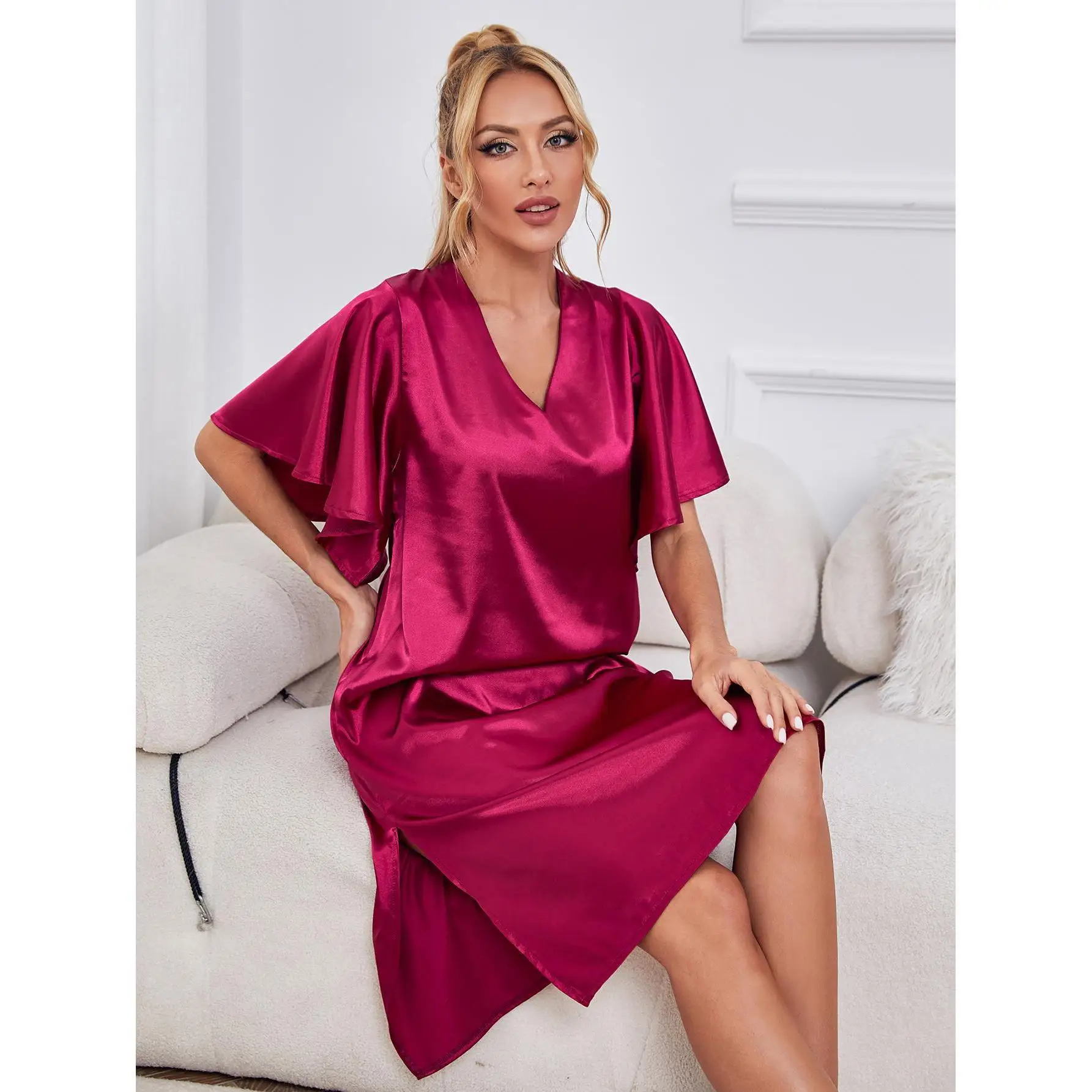 Ladies Romantic Lace Nightgown Sexy Short Silk Satin Night Dress Sleepwear For Woman Satin Robe 7622