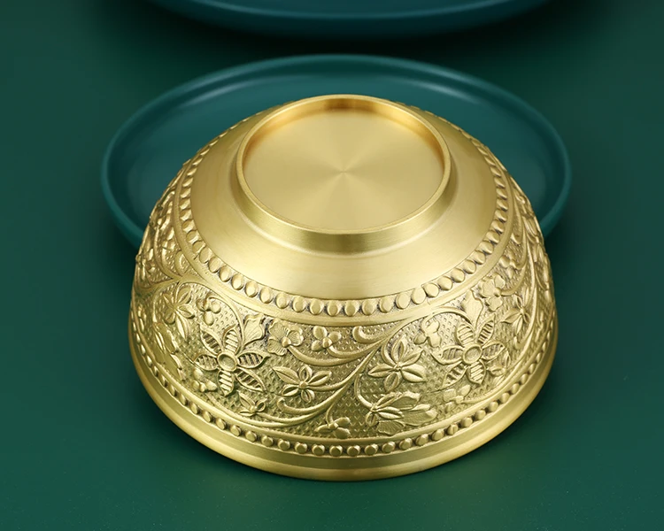 Vintage Gold Thickened Gilded Rice Bowl 5inch Brass Carved Rice Bowl