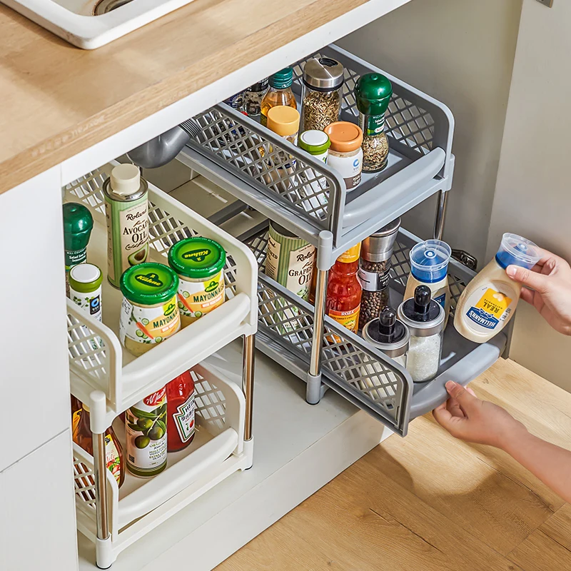 Kitchen Storage Shelf with 2 Drawers Sliding Spice Rack Under Sink Organizer Multi-function Rack with Darwers