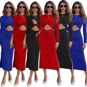 New Arrival Long Sleeve Round Neck Ruched Slit Evening Dresses Women Lady Elegant Formal Clothing