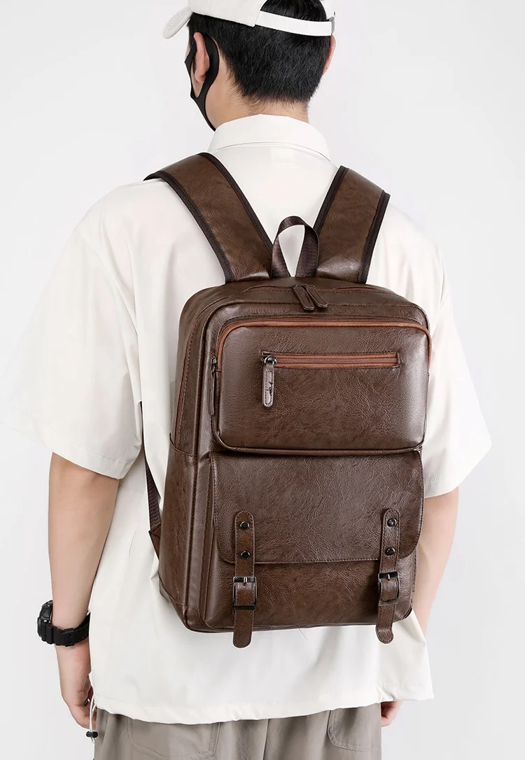 Wholesale Custom LOGO Business Laptop Backpack PU Leather College Student  School Bag Waterproof Vintage Shoulder Bag