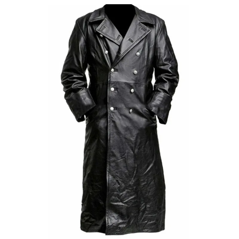 Men's WWII German Classic Officer Trench Coat Black Leather TV & Movie Costume