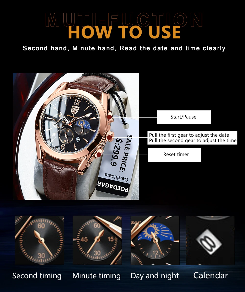 POEDAGAR 829 Fashion Luxury Design Customize Best Selling Waterproof Multifunction Men Quartz Watches with Stainless Steel Band