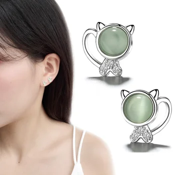 925 silver Fashion hot sale fashion and cute green crystal rhinestone cat shape stud earrings women