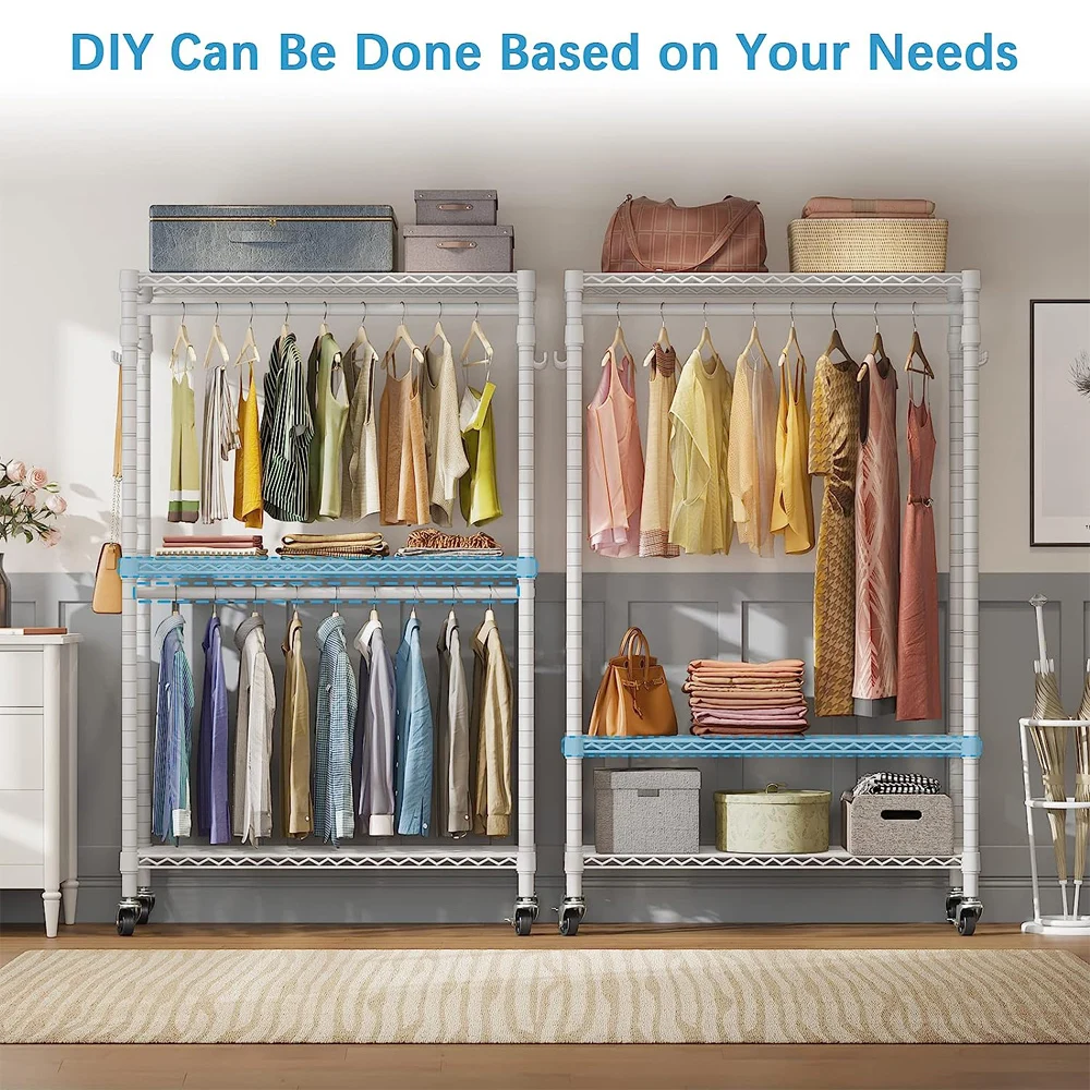 Portable Closets Rolling Garment Rack 3 Tiers Adjustable Wire Shelving Clothes Rack with Wheels, Freestanding Wardrobe Storage