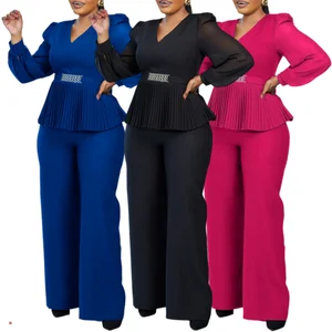 New Arrival Ladies Office Wear Women Two Piece Set Elegant Long Sleeve V-neck Top Wide Leg Pants Set Two Piece Outfits for Women