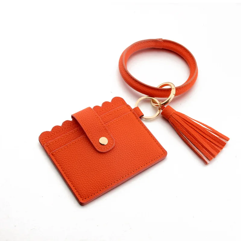 1pc Red Check Beaded PU Leather Fringe Bracelet, Keychain, Wallet, Card & ID Holder for Women, One-Size Beige PU Leather