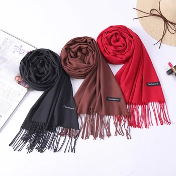 Custom logo 200*70cm winter shawls pashmina polyester cashmere scarf with tassel