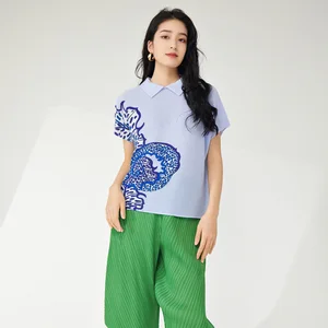 High Quality Summer Women's T-Shirt Vintage Style With Turn-Down Collar Pleated and Stretch Floral Print Short Sleeve Top