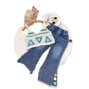 2026 Summer Children Girls Clothing Set Sleeveless V Neck Knit Suspenders Flare Jeans 2Pcs Toddler Fashion Clothes