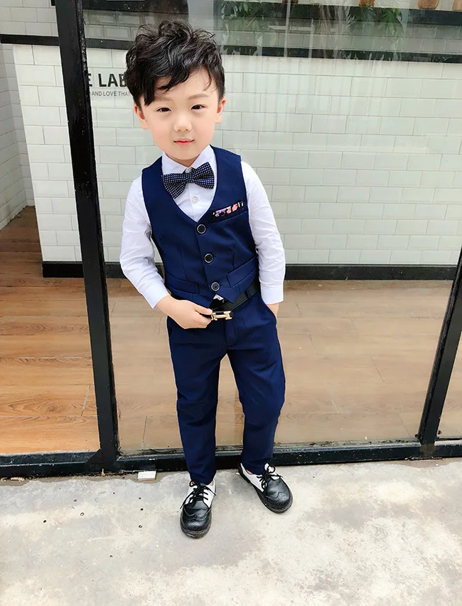 2019 European American clothing kids fashion cute solid color vest suit three-piece flower boy host costume