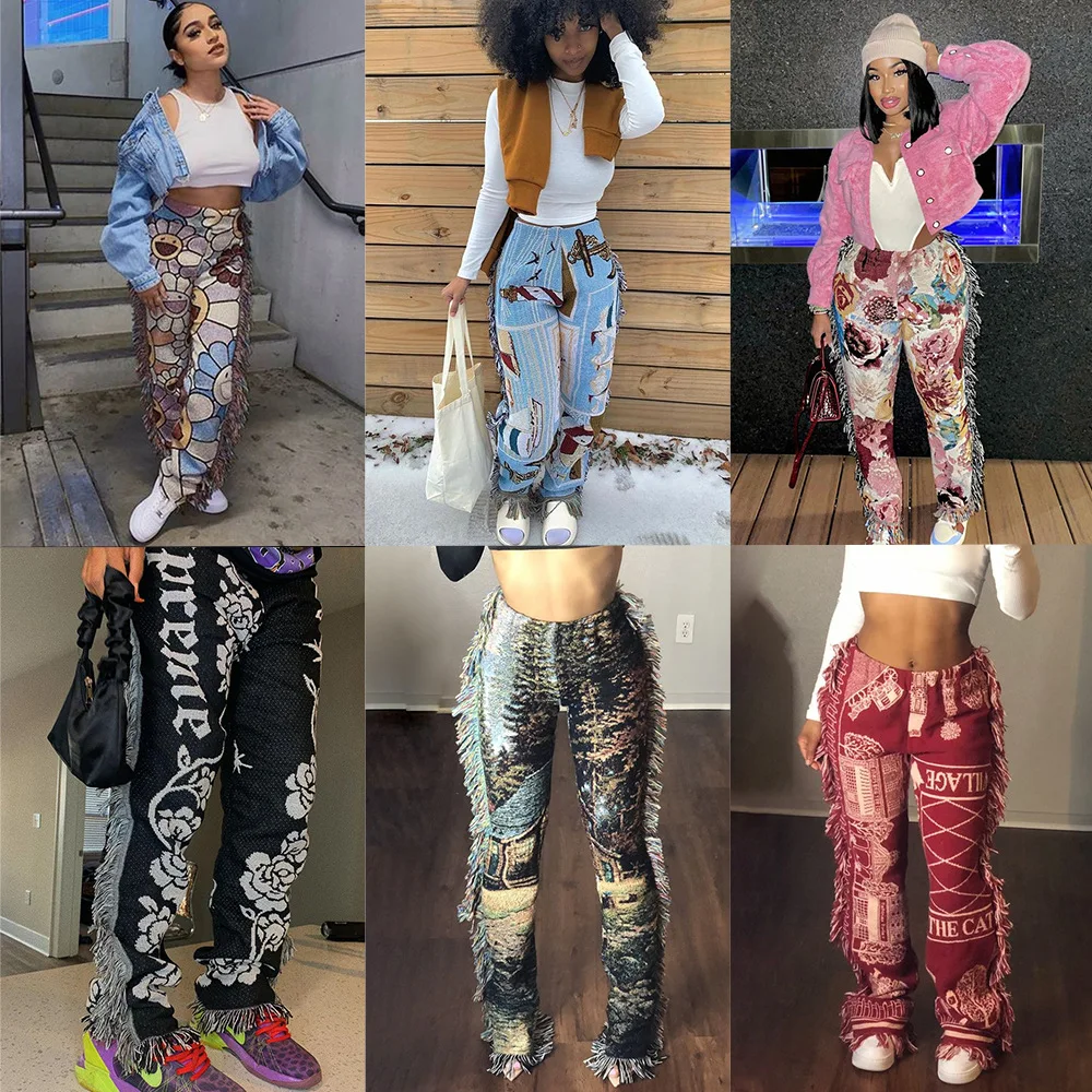 Side Tassels Patchwork Striped Print Jogger Pant Women Rave Festival Clothing 2021