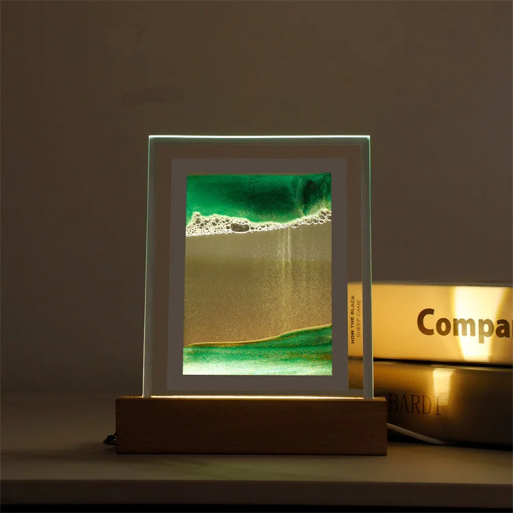 3d Moving Sand Art Rotating Wood Base Sand Painting Flowing Sand Picture Dynamic Display Led Night Light for Kids Gifts