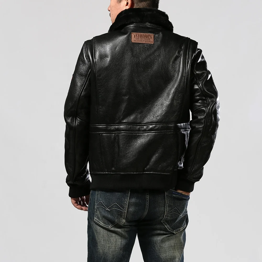 Men's Genuine Leather Bomber Jacket With Sheepskin Fur Lining_voghion.com