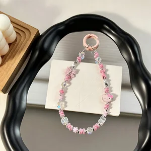 Cartoon KT Cat Alloy Mobile Phone Chain Acrylic Black Pink Cool Color Peanut Beads Bag Hanger Decorative Keychain Hanger Piece