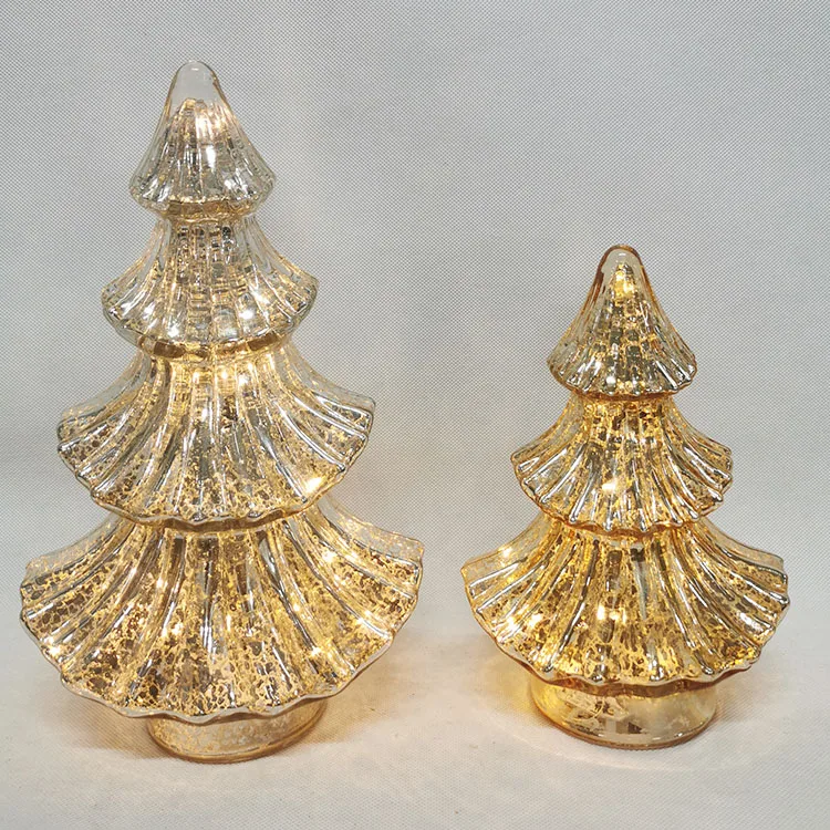 Small silver gold led light up indoor tabletop mercury hand blown glass christmas tree figurines battery operated with timer factory