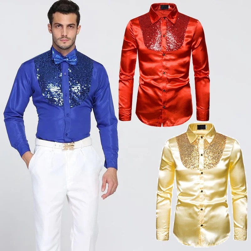 Mens Sequin Dress Shirts Satin Golden Disco Outfit Performance Dance Party  Clothes Shiny Tops Hipster Suit Tuxedo Shirt