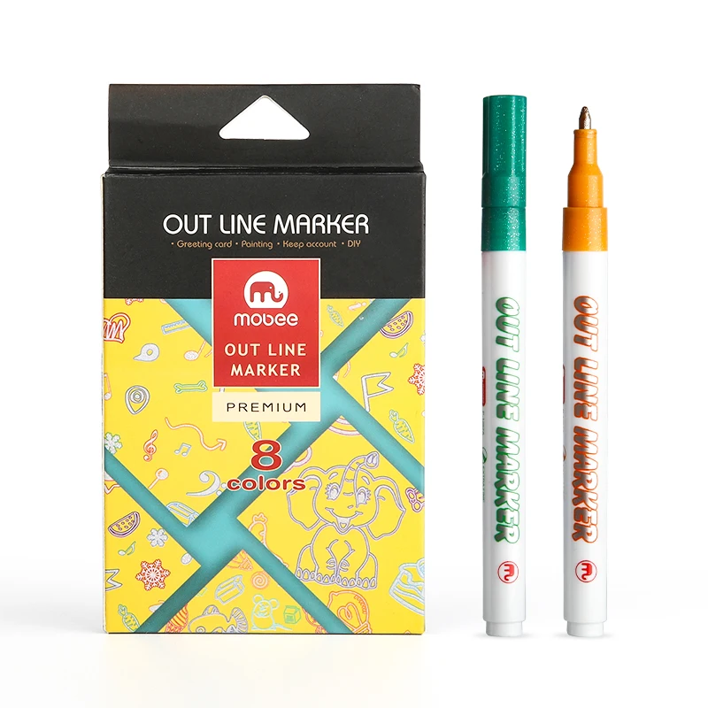 Customized 8 Colors Out Line Marker Drawing Writing Double Line Metallic Marker Pen Writing Painting Outline Marker