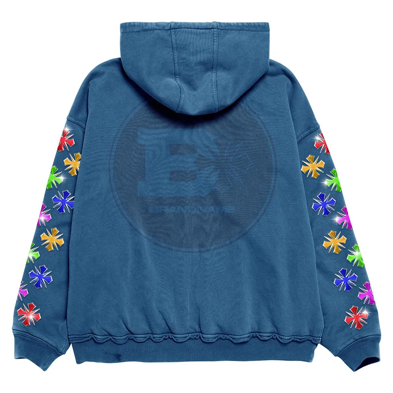 Custom Rhinestone Printing Men's Zip-Up Hoodie with 450grams Fabric Weight and Ribbed Hem Streetwear Tracksuit