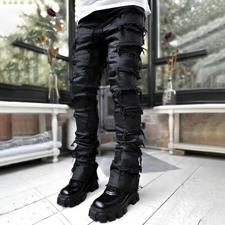 Salati Custom Casual Vintage Streetwear High Waist Slim Fit Pu Flare Sweat Trousers Faux Leather Stacked Men's Pants