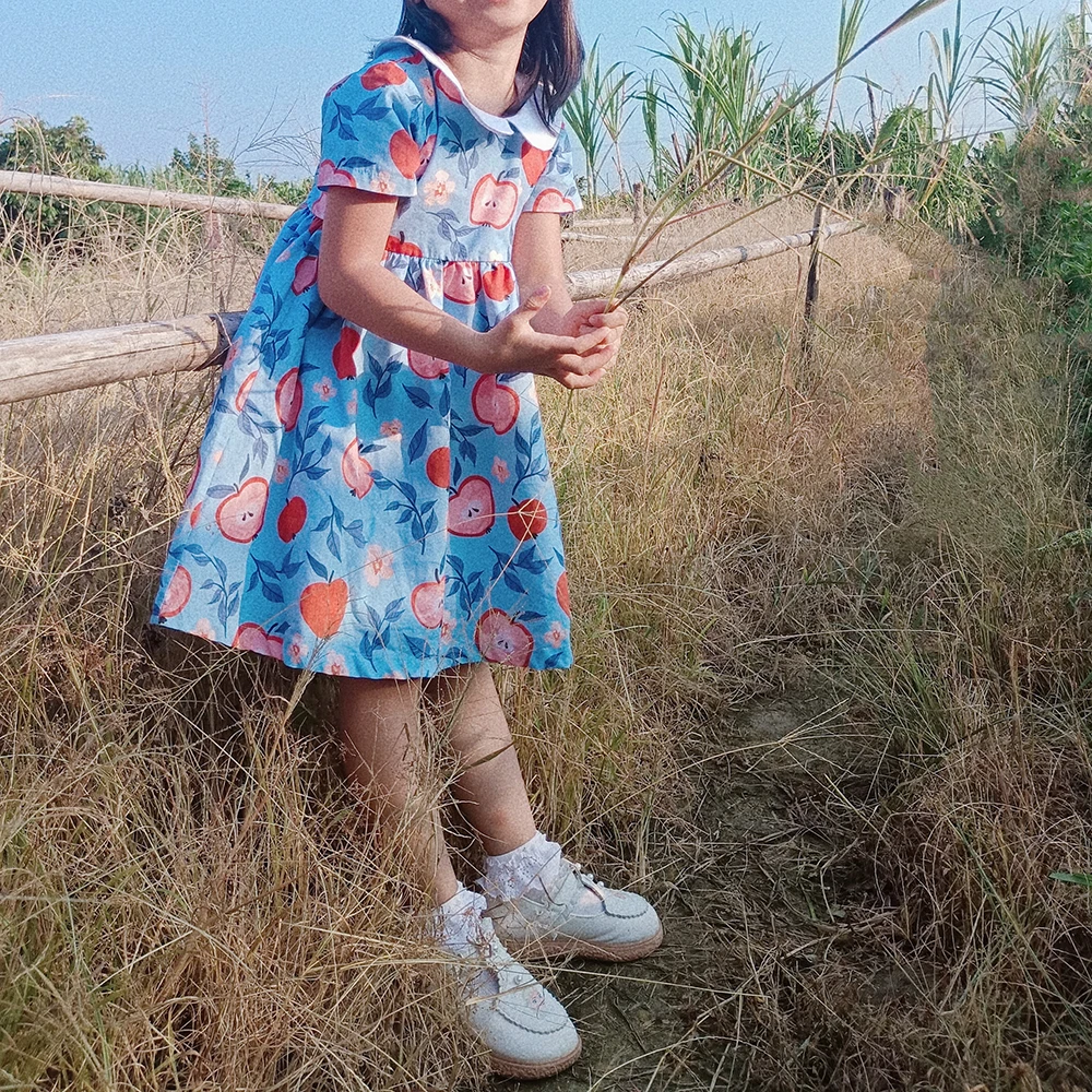 Custom Made Kids Girls apple Printing Dress Peter Pan Collar Short Sleeves Cotton Dresses Back to School Children Clothing