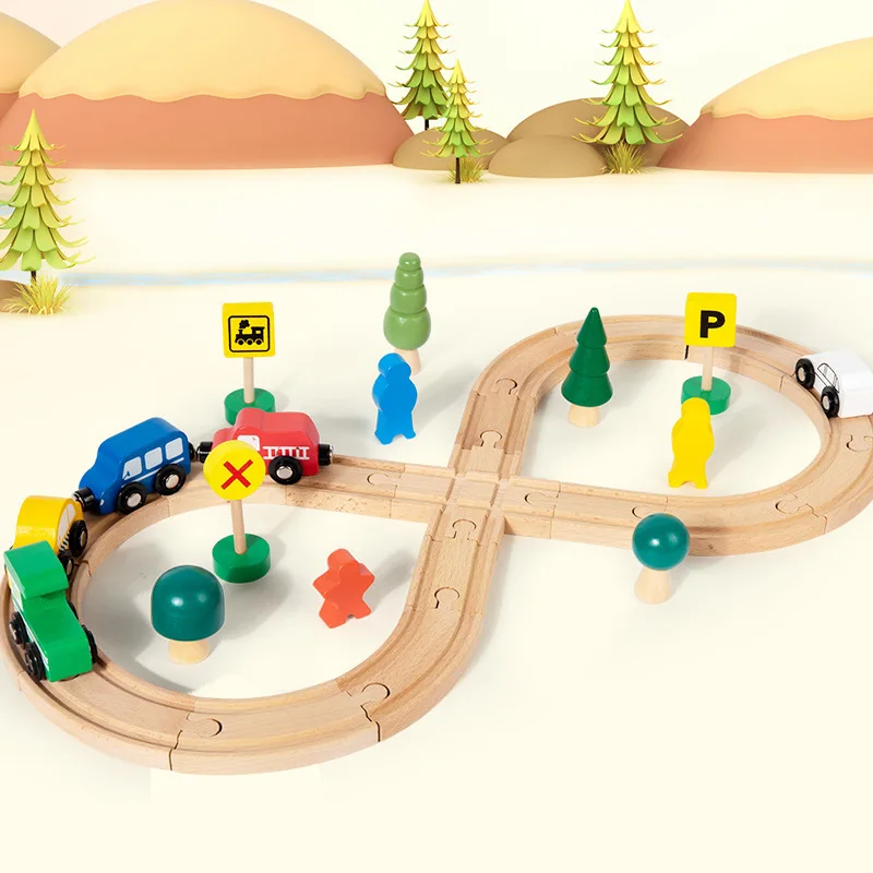 Jouet en bois très populaire : train avec voie ferrée, puzzle en bois, jouets éducatifs Montessori, train en bois pour enfants avec ensemble de rails