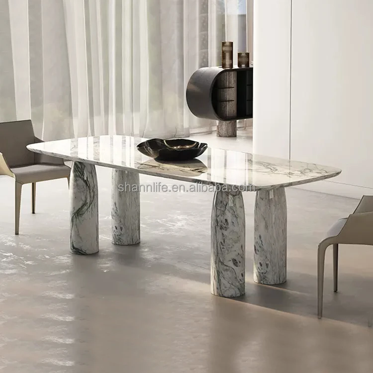 Italian Cream Marble Dining Table Round Shape Legs Natural Marble Dining Table And Chair Sets