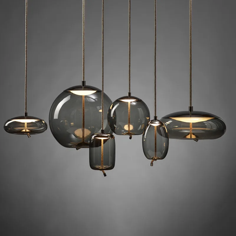 Simple Twisted Rope Glass Led Pendant Light Creative Smoke Gray Glass Kitchen Restaurant Chandelier