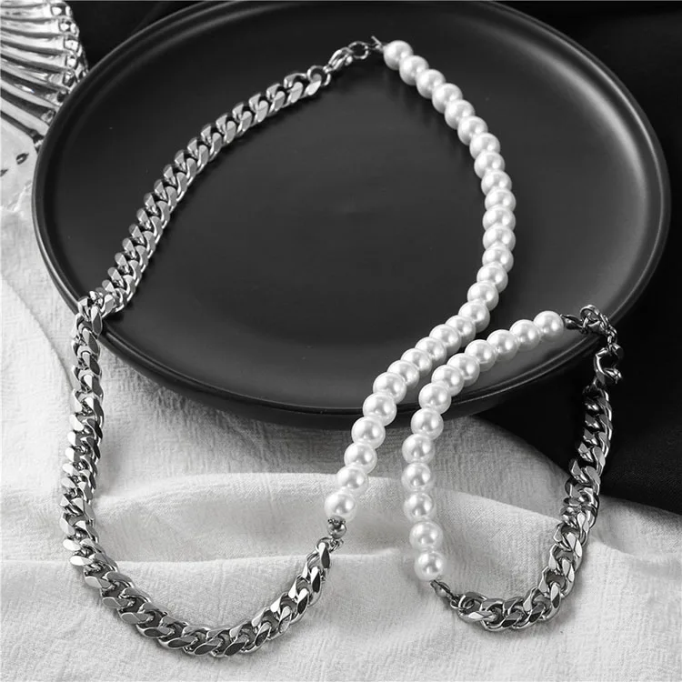 Trendy Splicing Stainless Steel Pearl Cuban Chain Necklace